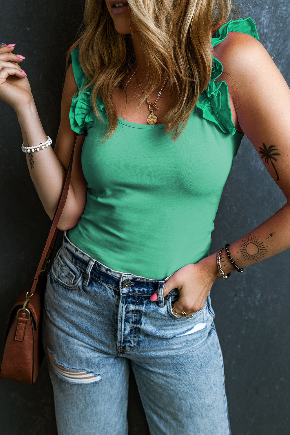Mint Green Ruffled Wide Straps Slim Tank Top - Image 3