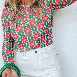 Fiery Red Retro Floral Print Stretchy Long Sleeve Top