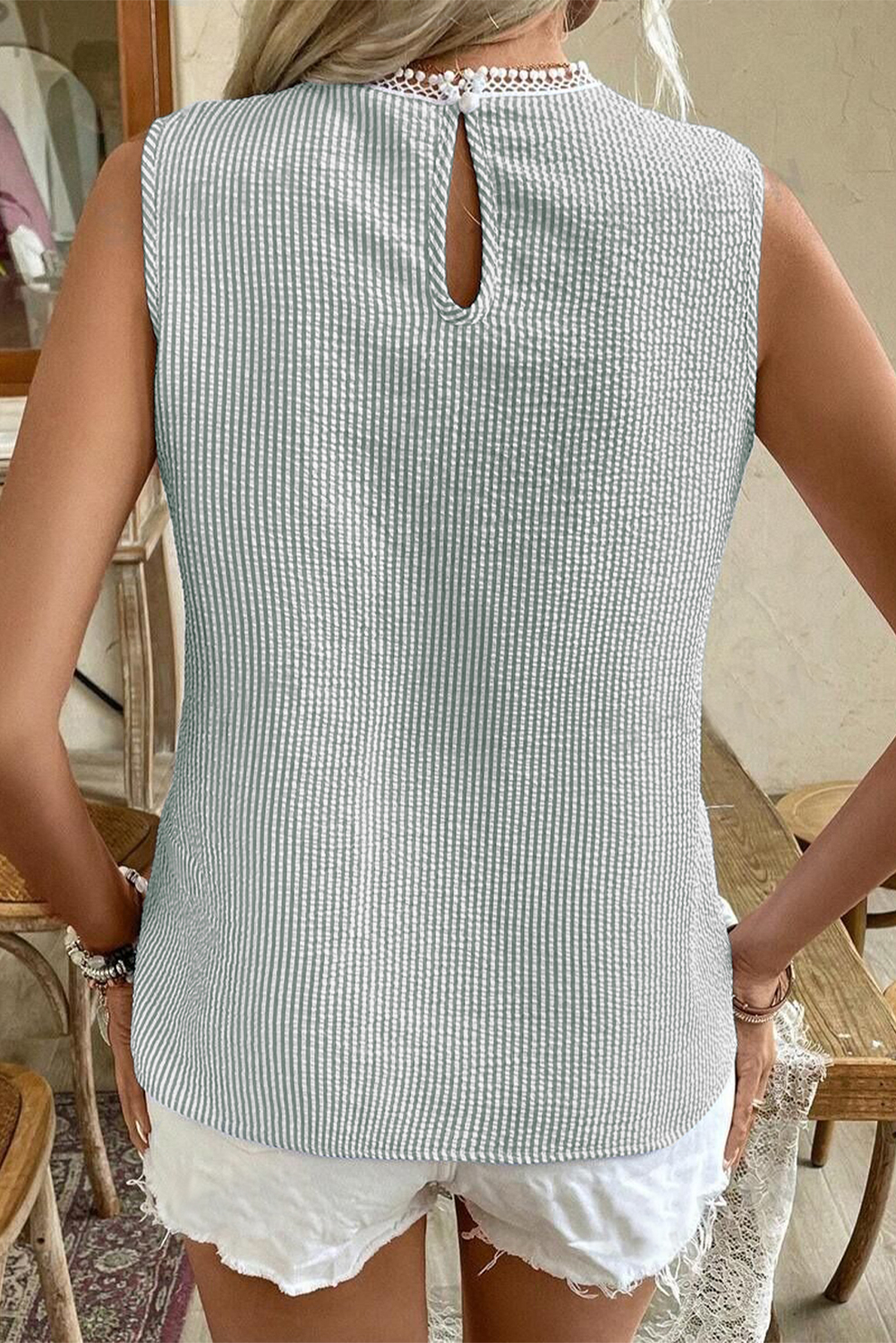 Green Stripe Lace Patchwork Crew Neck Tank Top - Image 2