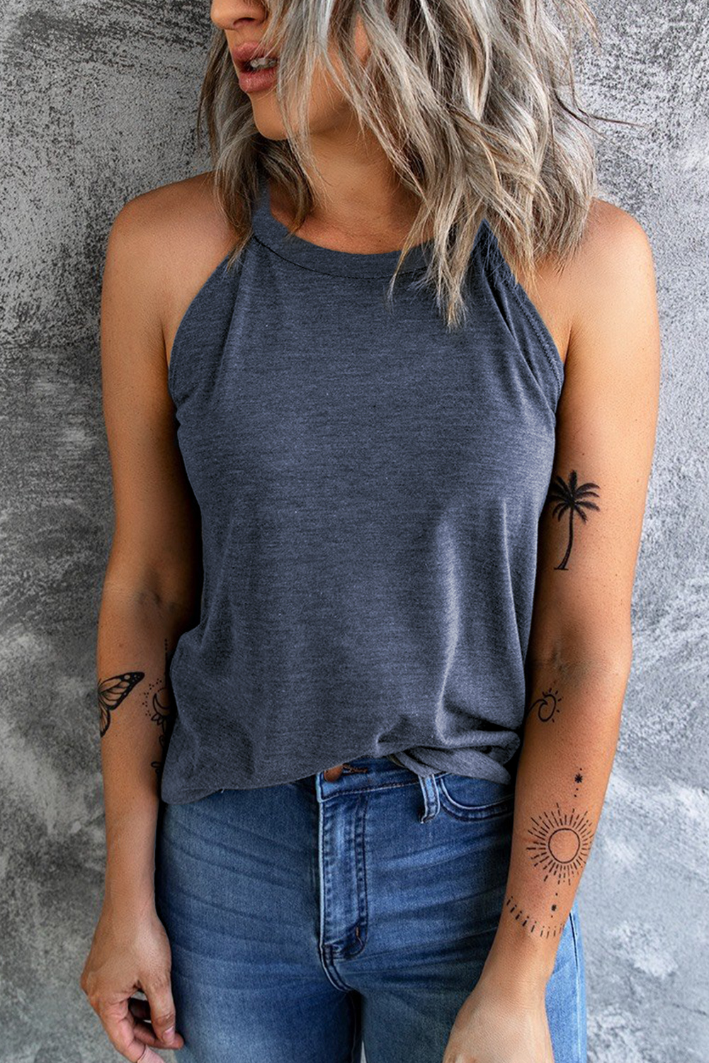 Blue Solid Color Crew Neck Tank Top - Image 3