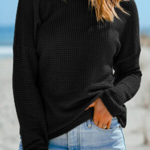 Black Waffle Knit Drop Shoulder Long Sleeve Top