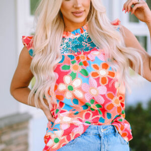 Pink Embroidered Detail Floral Print Ruffle Trim Tank Top