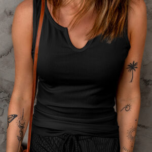 Black Split Neck Ribbed Knit Tank Top