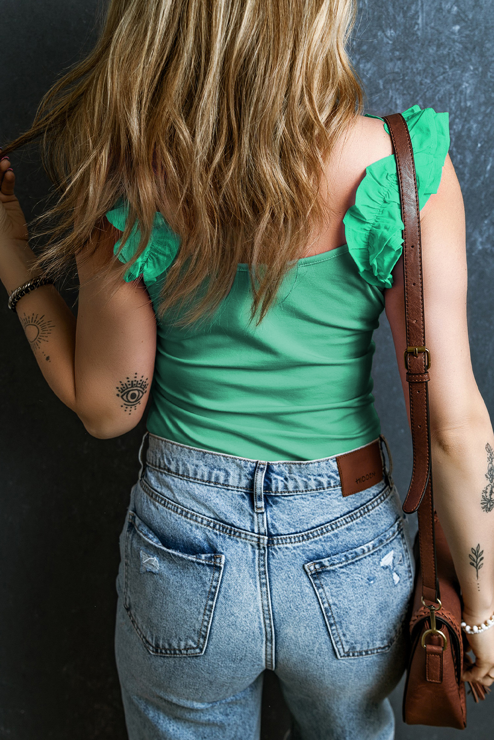 Mint Green Ruffled Wide Straps Slim Tank Top - Image 2