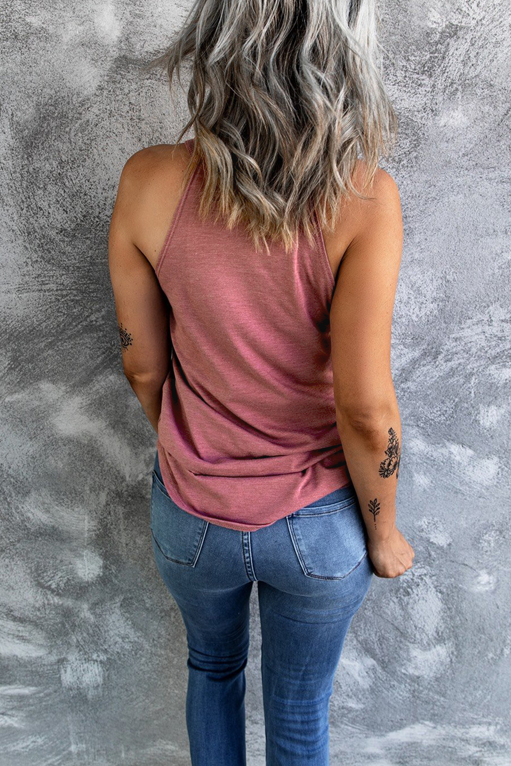 Blue Solid Color Crew Neck Tank Top - Image 8