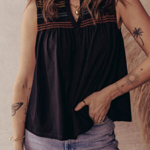 Black Colorful Shirred Yoke Notched V Neck Tank Top