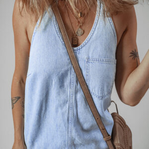 Beau Blue Knotted Open Back Halterneck Denim Tank Top