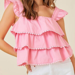 Pink Tiered Heart Trim Square Neck Flutter Top