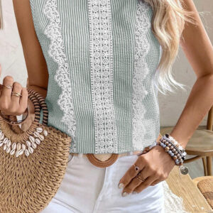 Green Stripe Lace Patchwork Crew Neck Tank Top