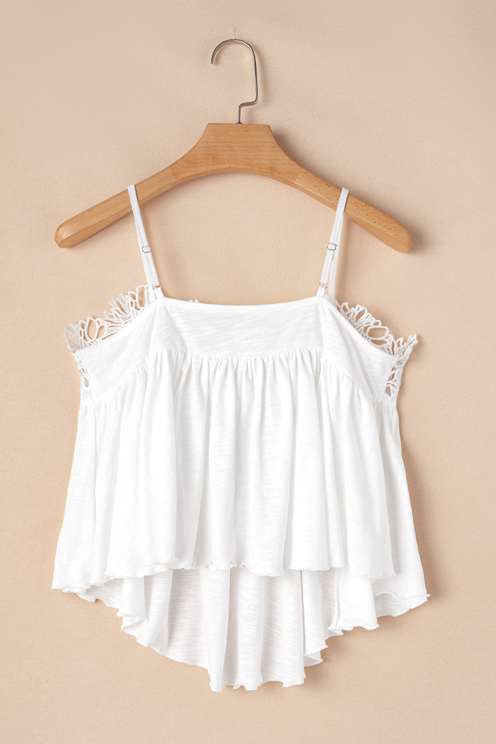 White Lace Splicing Spaghetti Straps Ruffle Flared Tank Top - Image 7