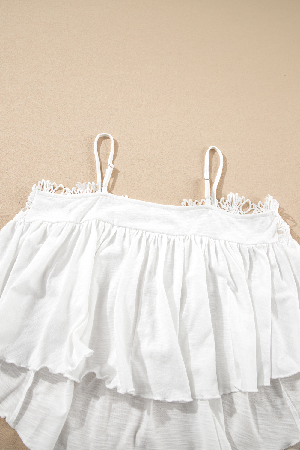 White Lace Splicing Spaghetti Straps Ruffle Flared Tank Top - Image 8