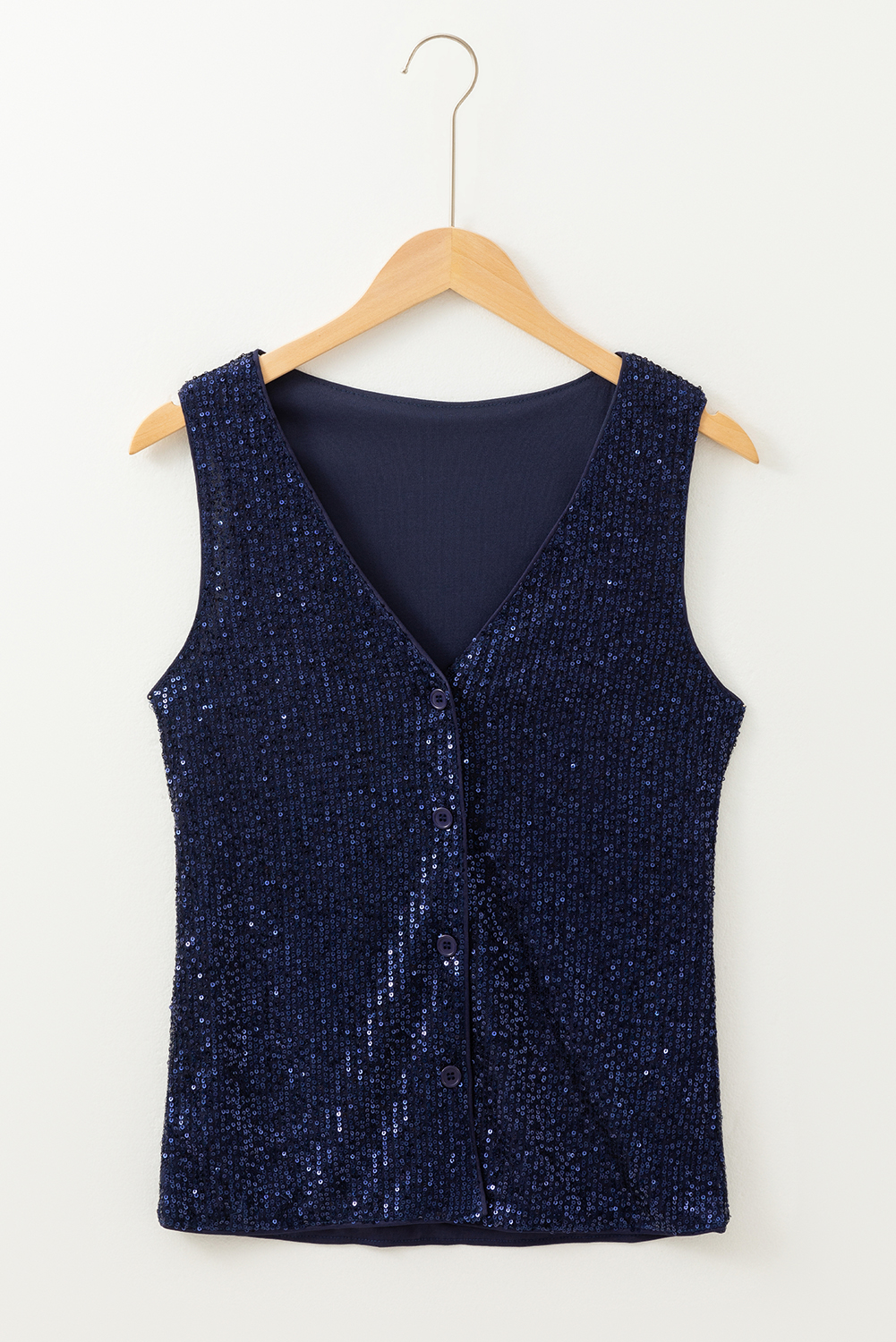 Dirty blue Sequined Deep V Neck Buttoned Tank Top - Image 7