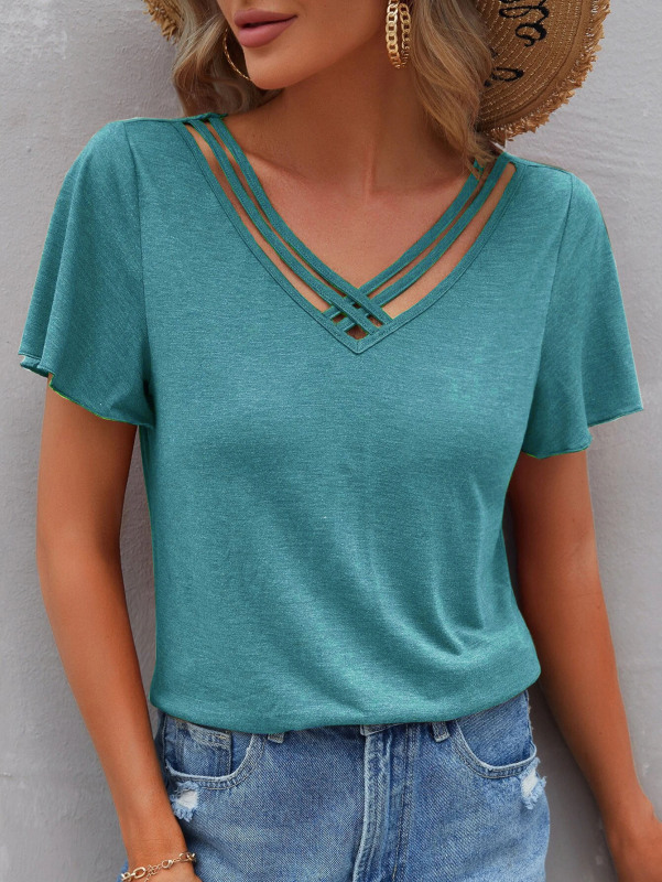 Women's Solid Color Ruffle Sleeve Short Sleeve Top T-Shirt - Image 2