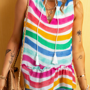 Rose Red Rainbow Stripes Ruffled Hem Drawstring V Neck Tank Top