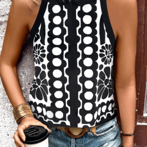 Black Abstract Dot Flower Print Tank Top