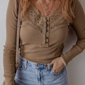 Chestnut Anglaise Broider Ribbed Long Sleeve Top