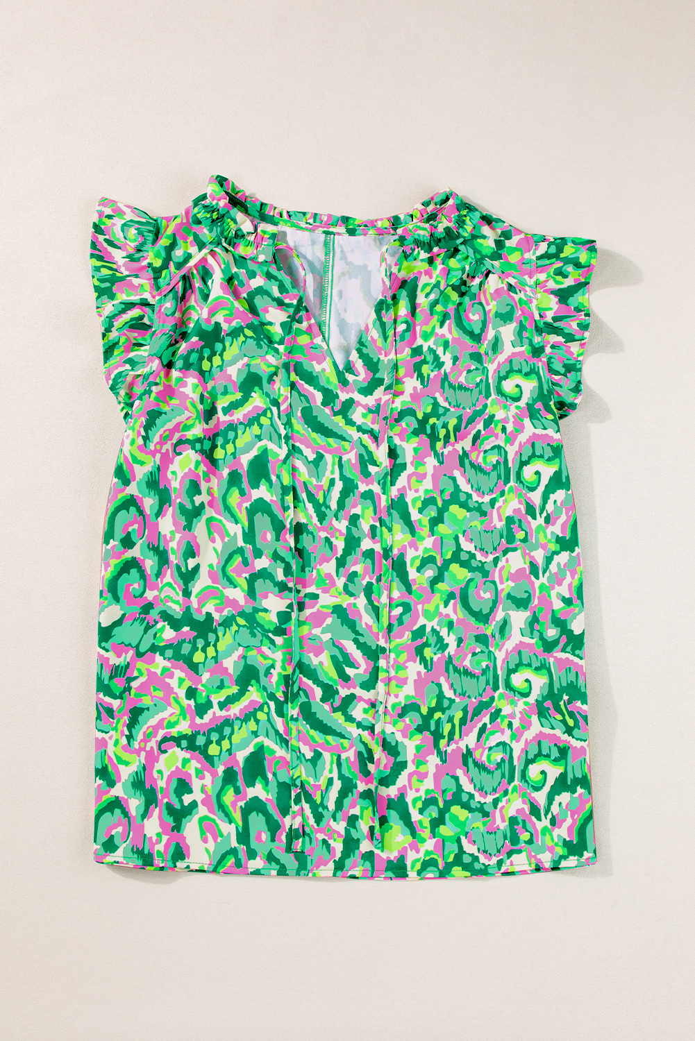 Green Abstract Print Ruffled Trim Tied Split Neck Tank Top - Image 8