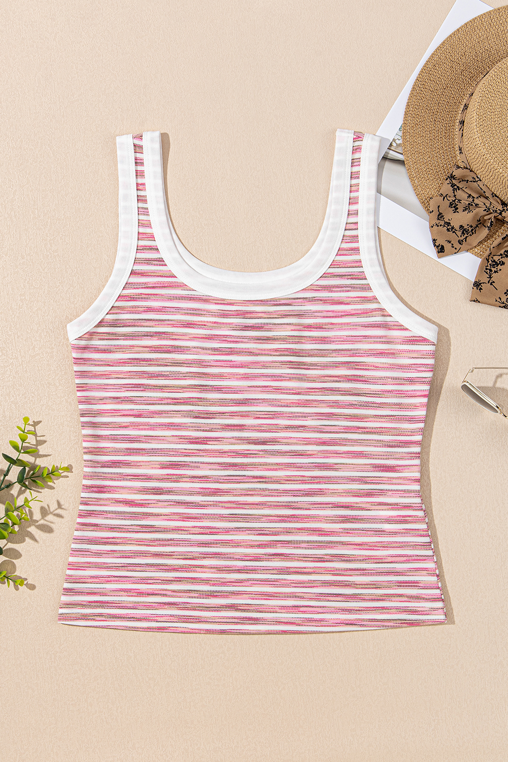 Pink Stripe Contrast Trim Yarn-dyeing Knit Tank Top - Image 8