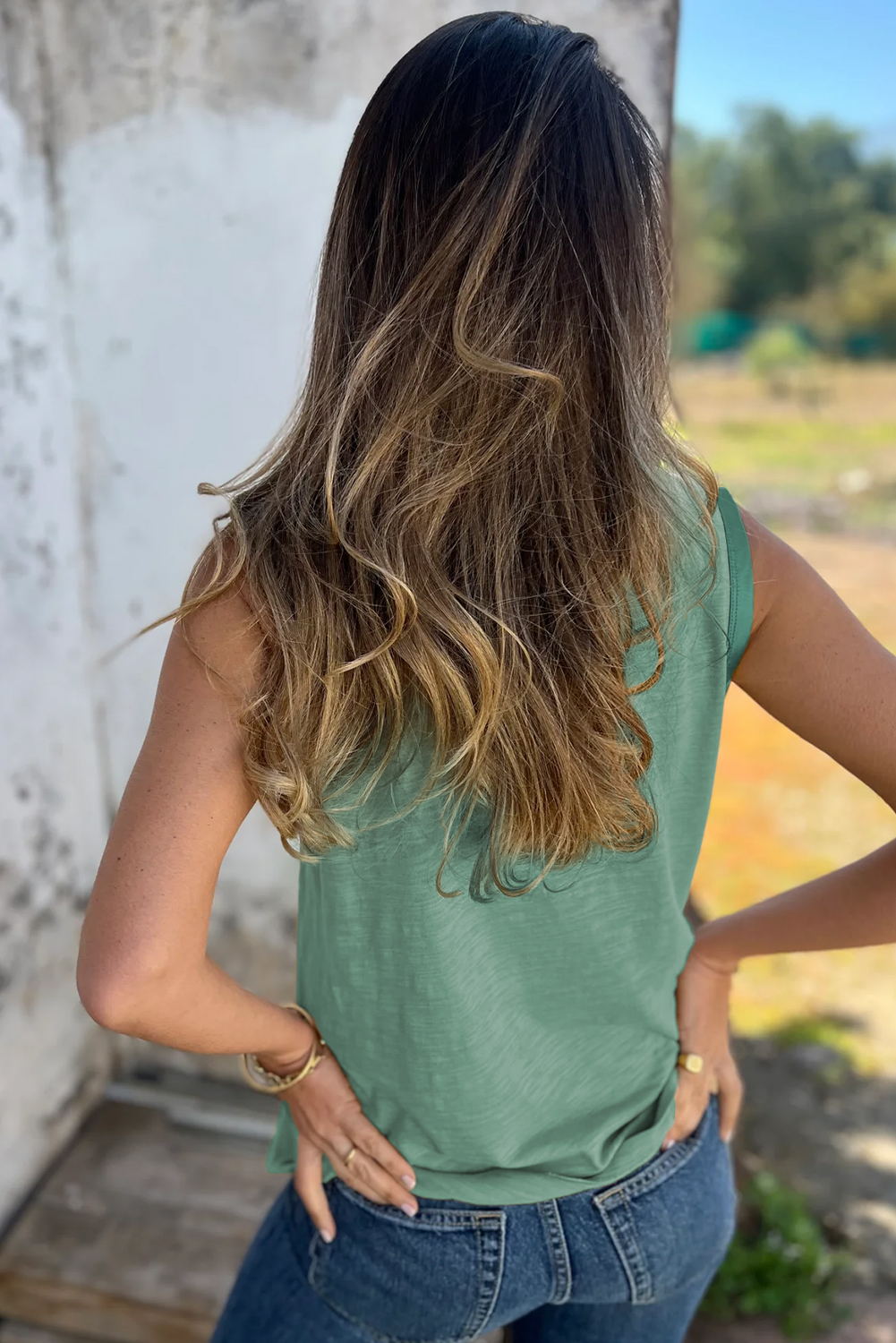 Tan Metallic Sheen Edge Scoop Neck Tank Top - Image 8
