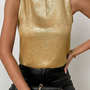 Gold Metal Textured Round Neck Casual Tank Top