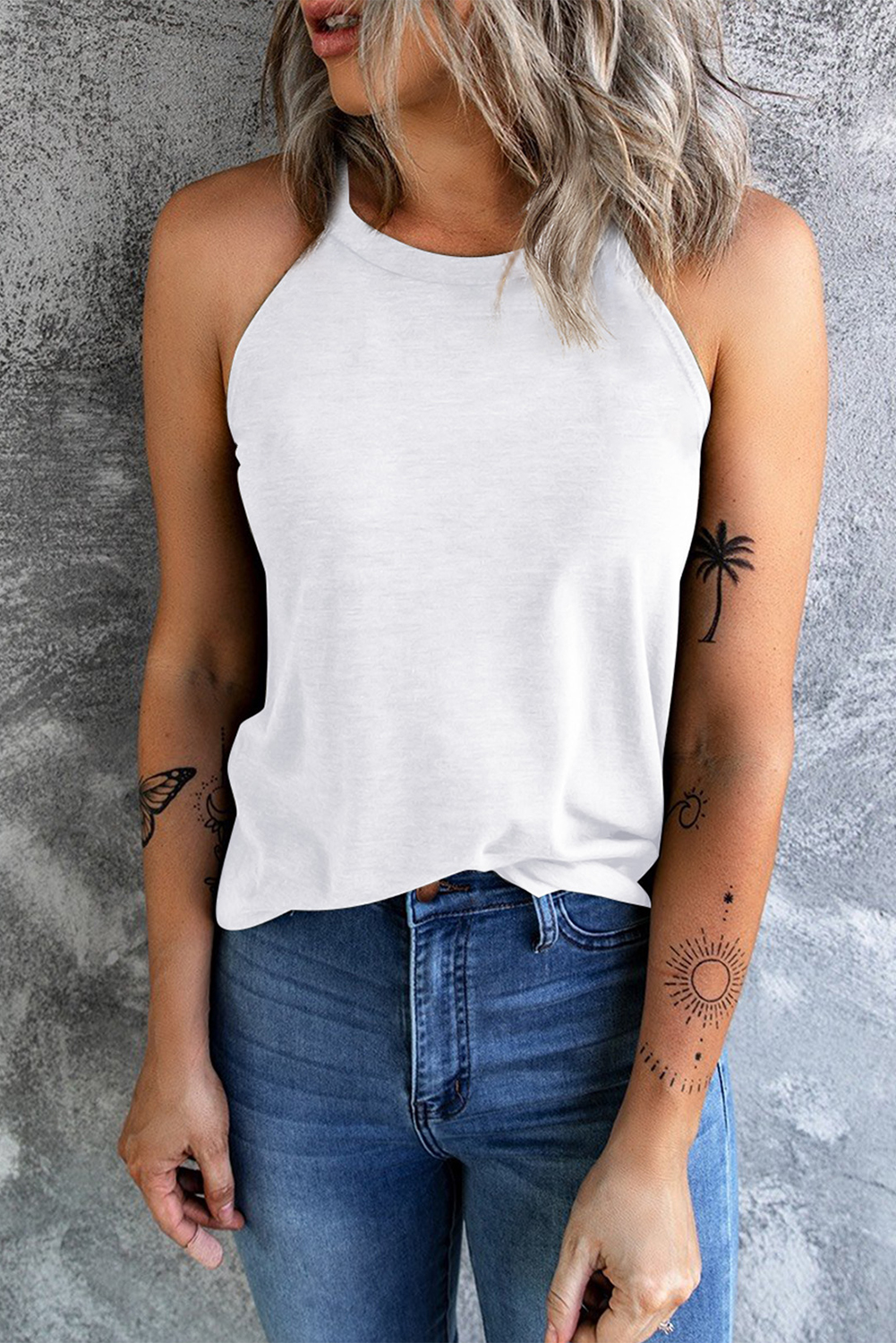 Blue Solid Color Crew Neck Tank Top - Image 6