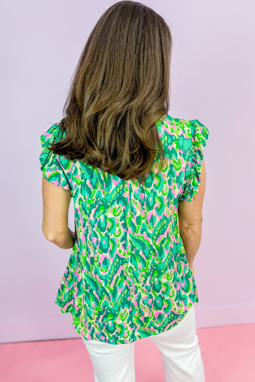 Green Abstract Print Ruffled Trim Tied Split Neck Tank Top - Image 2
