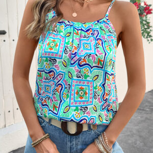 White Rhinestone Boho Floral Printed Spaghetti Strap Tank Top