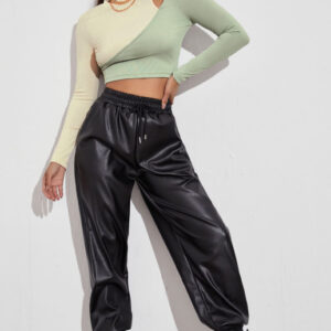 Color-Blocking Strapless Splicing Long-Sleeved T-Shirt