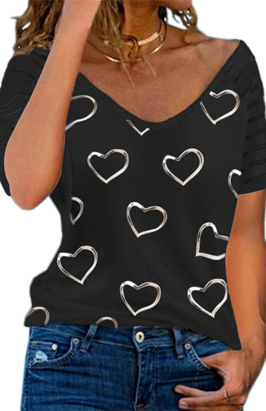 Heart Print Round Neck Short Sleeve Top - Image 8