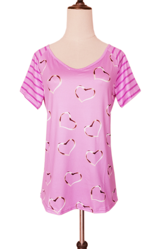 Heart Print Round Neck Short Sleeve Top - Image 9