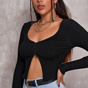 Women'S Sexy Button Crop Long Sleeve Top
