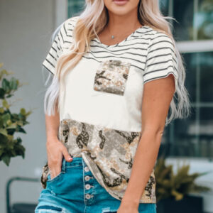 Women's Striped Camo Crew Neck Panel Short Sleeve Top