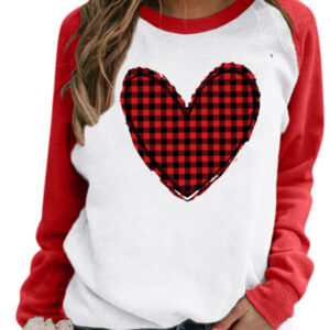 Valentine's Day Pink Heart Raglan Pullover Casual Printed Round Neck Top