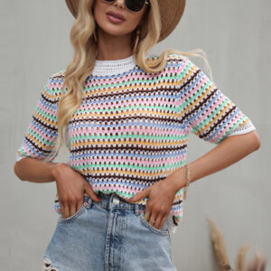 Paneled Hollow Knit Loose Crew Neck Striped Knit Sweater