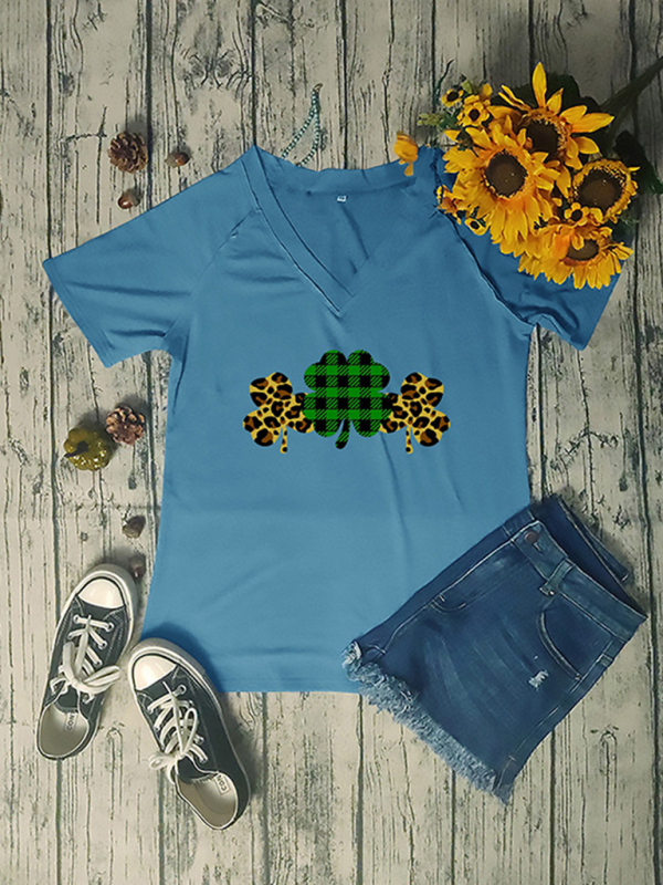 Women's V-neck clover print short-sleeved t-shirt - Image 8