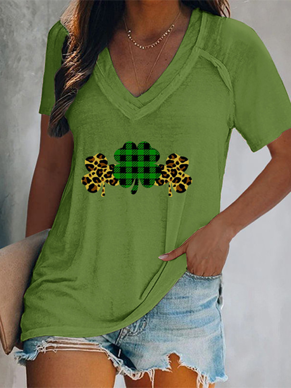 Women's V-neck clover print short-sleeved t-shirt - Image 4