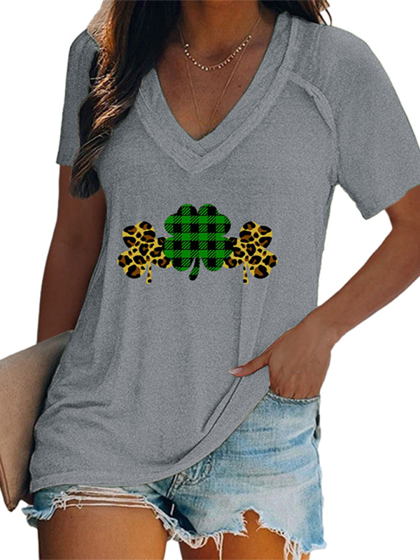 Women's V-neck clover print short-sleeved t-shirt - Image 2