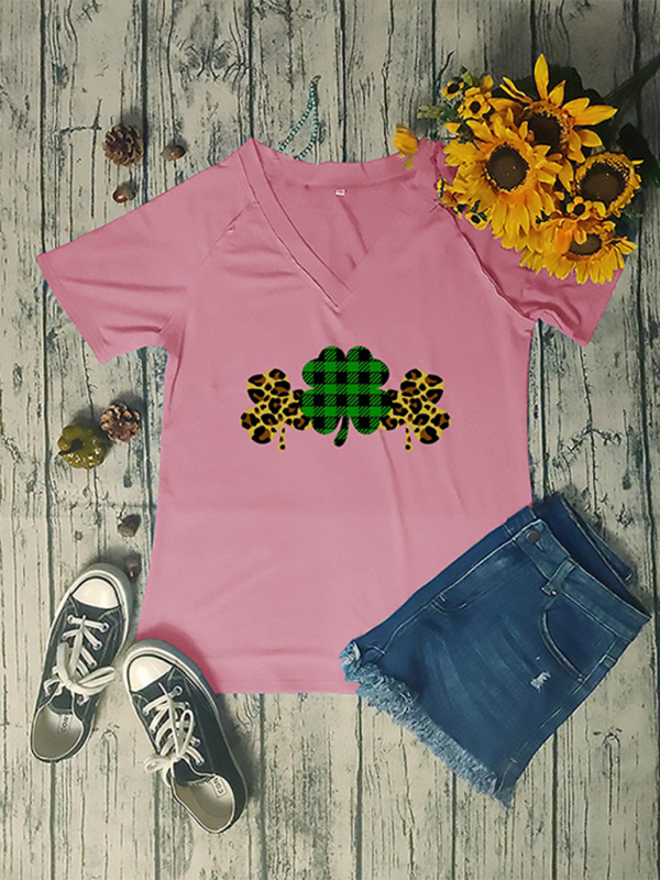 Women's V-neck clover print short-sleeved t-shirt - Image 6