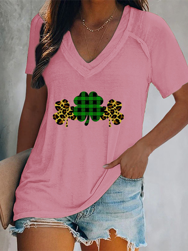 Women's V-neck clover print short-sleeved t-shirt - Image 7