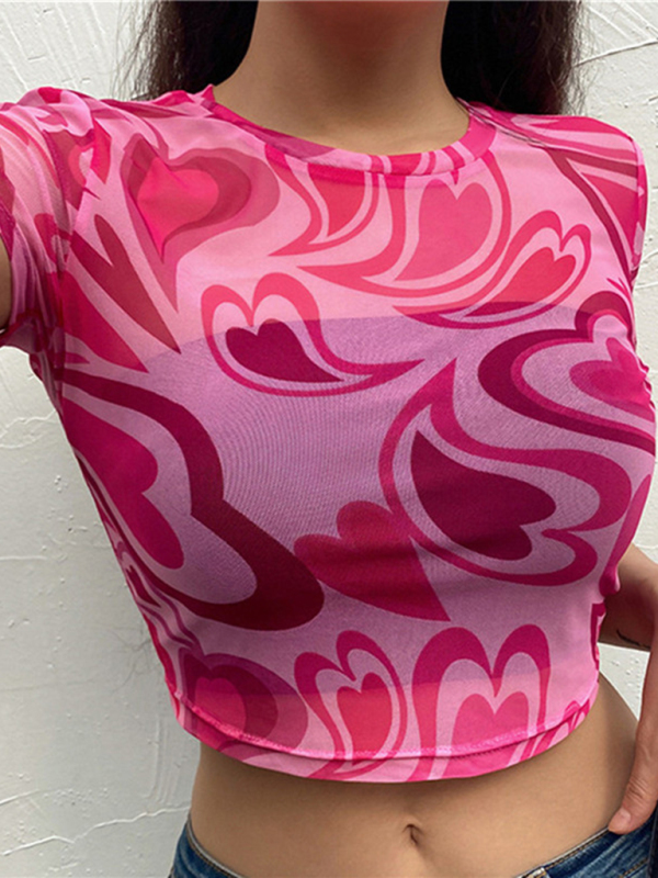 Women's round neck love mesh sexy see-through short-sleeved T-shirt top - Image 6