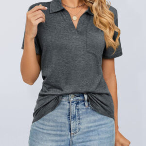 Women's solid color short-sleeved lapel pocket loose polo t-shirt