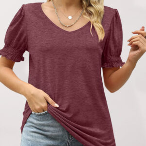 Summer Women's Puff Sleeve Pleated Short Sleeve V Neck T-Shirt