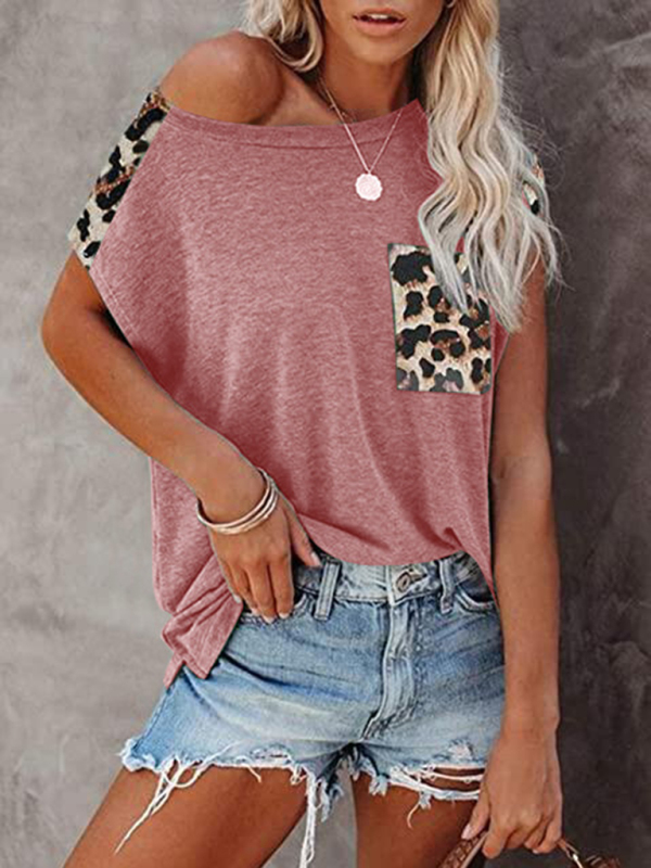 Round neck paneled leopard pocket raglan sleeve casual T-shirt - Image 3