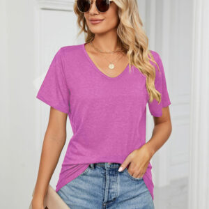 Short Sleeve V Neck Gathered Solid Color Loose T-Shirt Top Ladies
