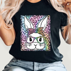 Women's Easter Leopard Bunny Print Short Sleeve T-Shirt