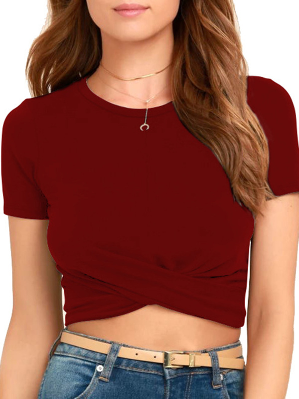 Women's Knitted Short Slim Fit T-Shirt with Navel and Knot - Image 3