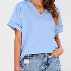 Summer new solid color v-neck short-sleeved top with short front and long rear slits