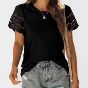 Summer new lace stitching short-sleeved T-shirt round neck top