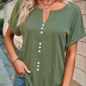 Women's Knitted Casual V-Neck Button Short Sleeve Top