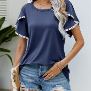 Round Neck Tassel Tulip Sleeve T-Shirt Casual Top Women